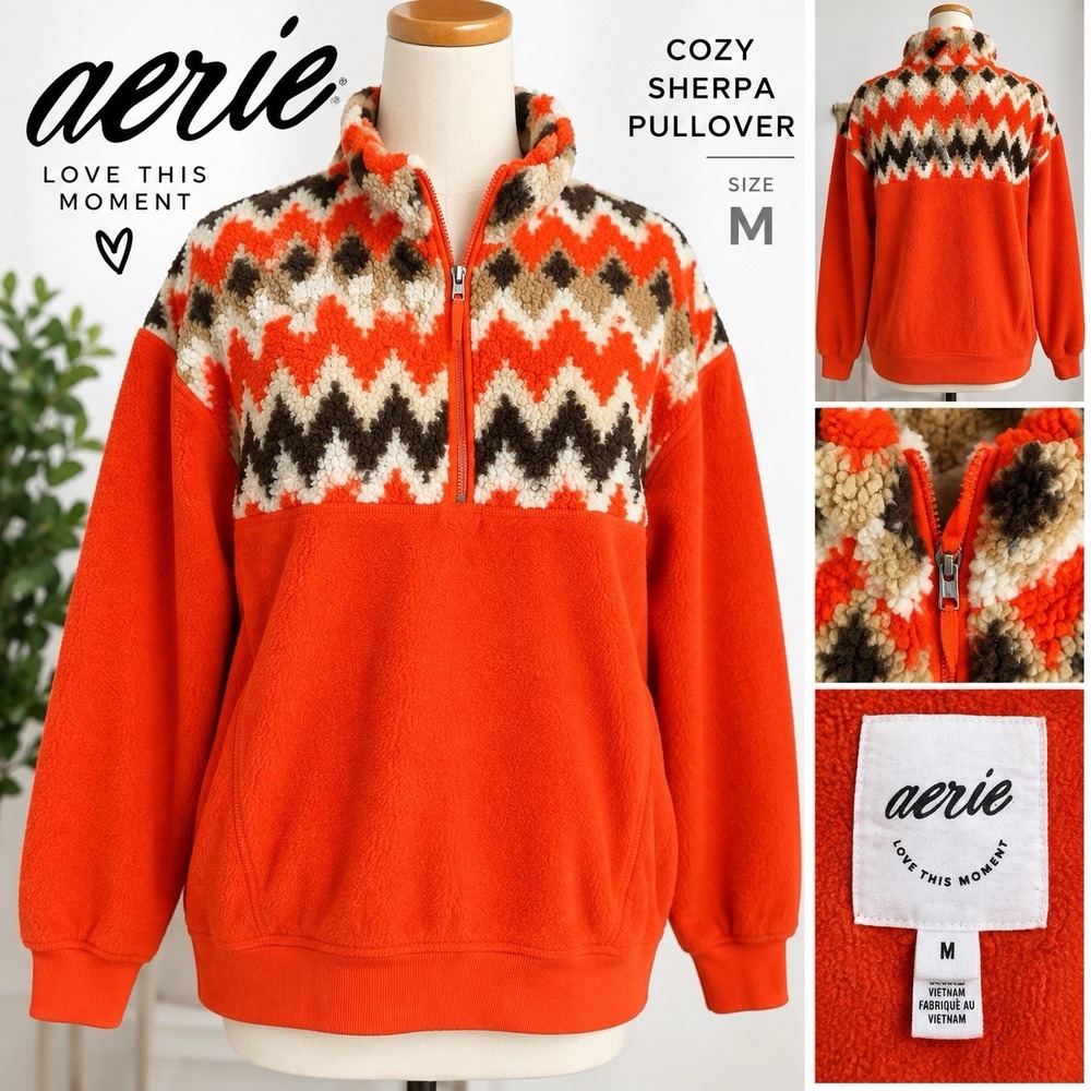 Aerie Women's M Orange Sherpa Fleece Quarter Zip Pullover Fair Isle Cozy